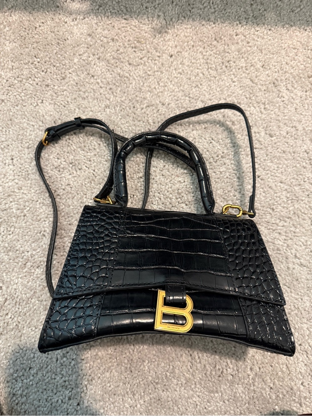 Hourglass Small Faux Croc-Embossed Top Handle Bag in Black